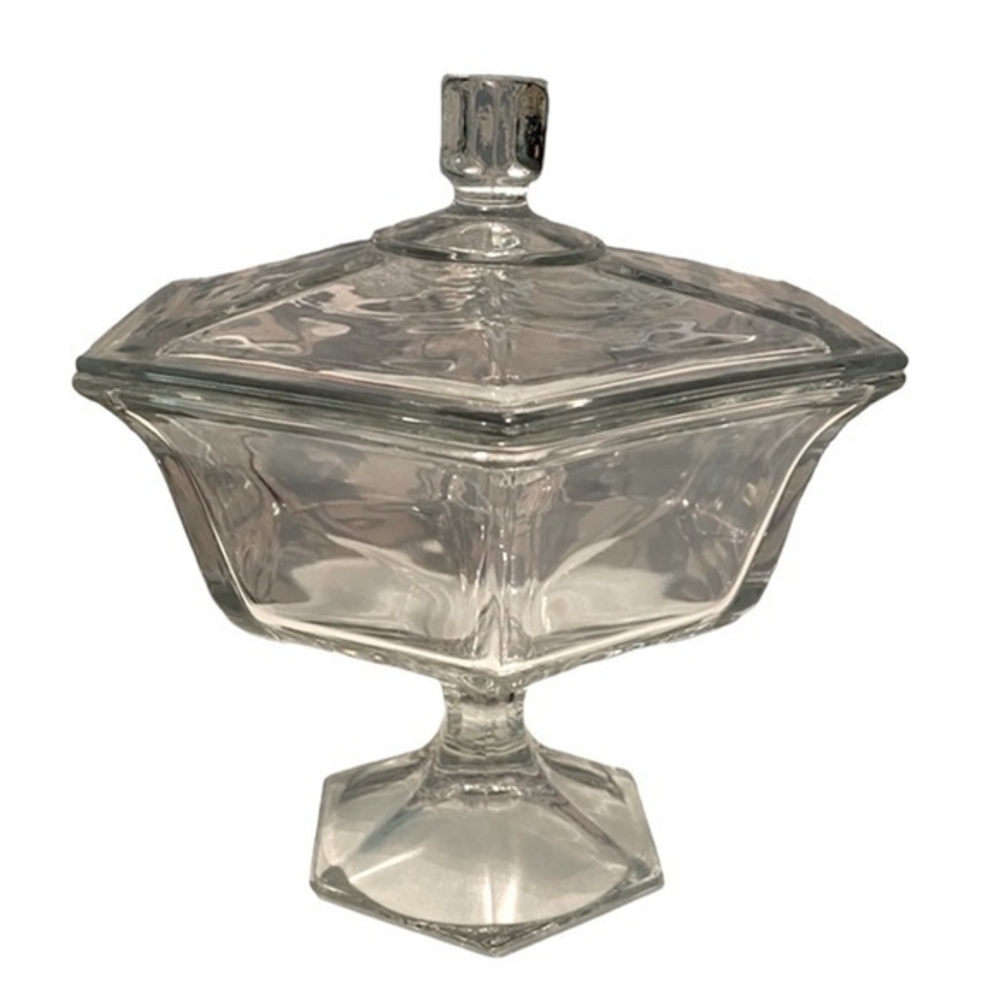 NWOT 8” Candy‎ Pedestal Dish w Lid Cover Hexagonal - Pressed Clear Crystal Glass
